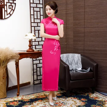 

2019 Long Cheongsam Vintage Chinese style Mandarin Collar Dress Womens Summer Rayon Qipao Slim Party Dresses Vestido S-XXXXL