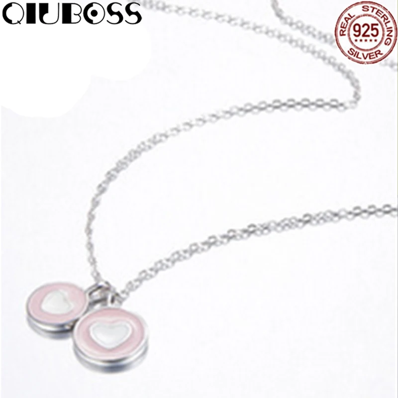 

QIUBOSS TIFF 925 Sterling Silver Brand New 1:1 Genuine Heart Shaped Necklace Pink Love Fit Valentine's Necklace DIY Gift