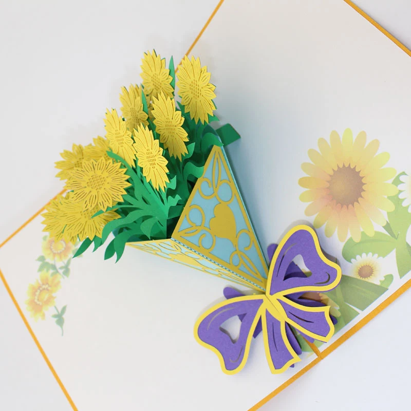  3D Laser Cut Carving Yellow Sunflower Paper Invitation Greeting Cards PostCard Thanksgiving Day Tea - 32889365786