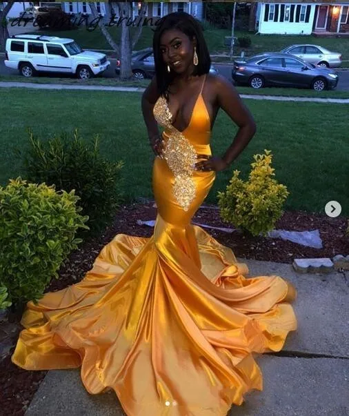 South African Yellow Long Mermaid Prom Dresses 2019 Sexy Deep V