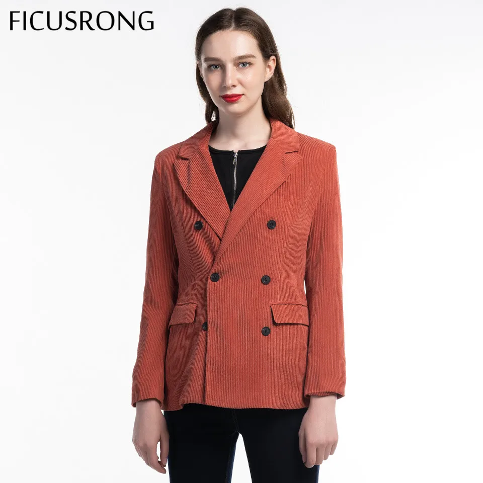FICUSRONG New Autumn Women V Neck Slim Corduroy Blazer Coat Office Lady Fashion Coral Red Double Breasted Pocket Button Outwear
