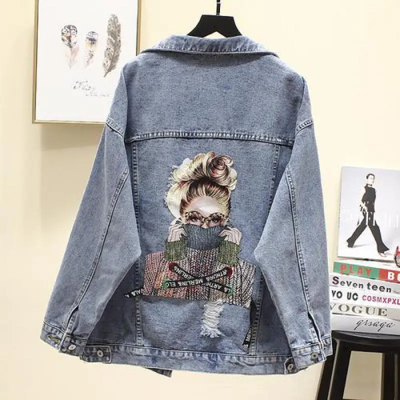 

2019 Spring Autumn Women Outerwears Harajuku Hole Jean Jackets Ladies Casual Cartoon Nail Bead Embroidery Punk Rock Denim Coats