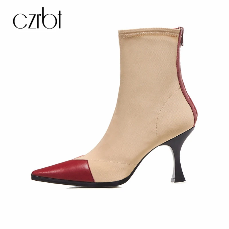 

CZRBT 2018 Spring/Autumn Fashion Genuine Leather High Heels Boots 6.5cm Comfortable Zipper Pointed Toe Women Pumps Shoes