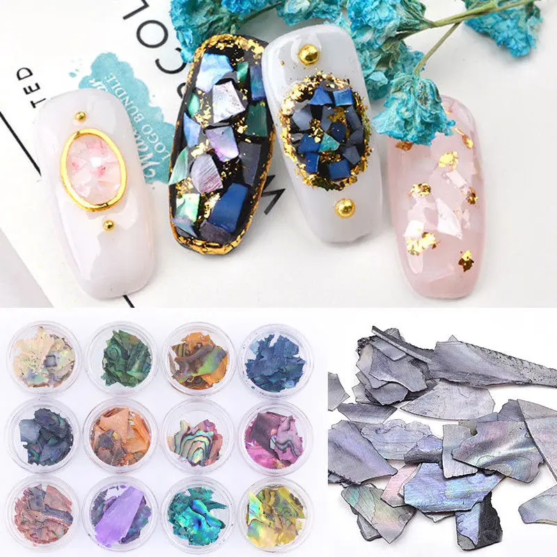 

12 Colors/Set 3D Natural Sea Shell Charm Nail Art Abalone Gravel Decoration Slice DIY Salon Nail Decals Tools Colored Stone