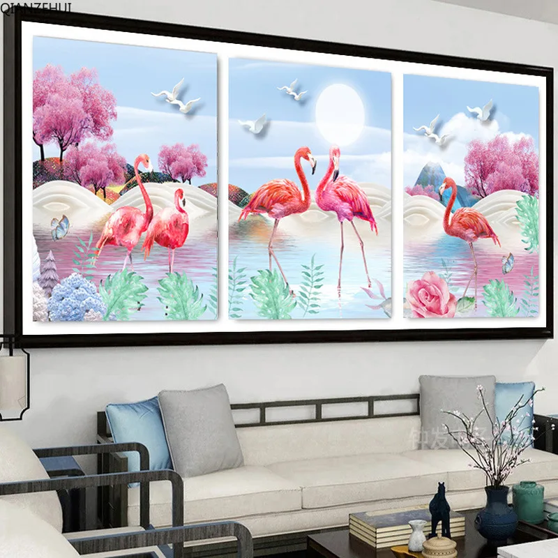 

QIANZEHUI,Needlework,DIY 100% precision printing Small fresh flamingo full embroidery cross stitch,Wall Home Decro