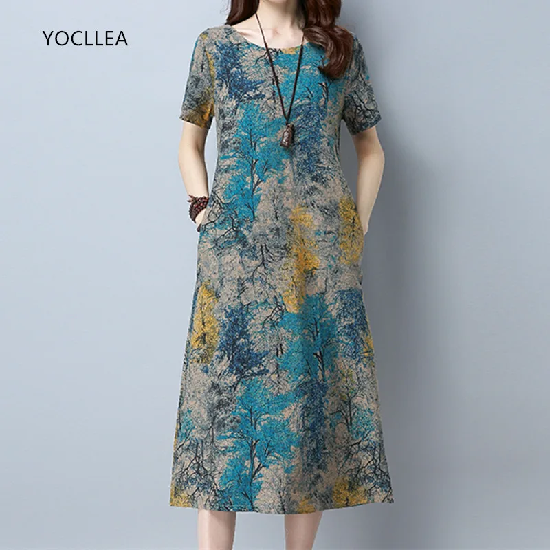 

2019 Cotton Linen Summer Dress Women Loose Plus size Casual Dress OL work Wear vintage Print beach Sundress dresses vestidos