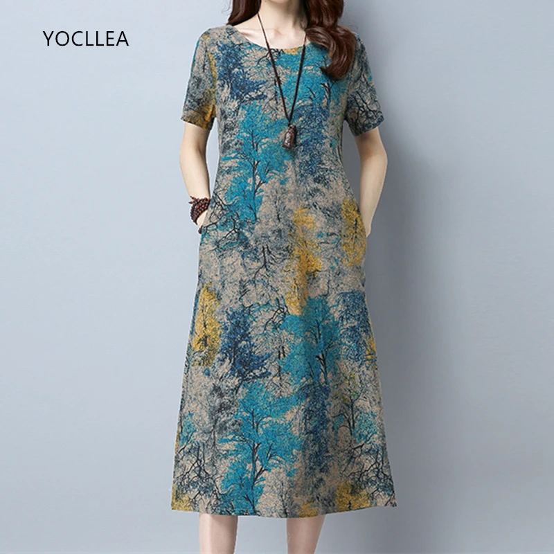 2020 Cotton Linen Summer Dress Women Loose Plus size Casual Dress OL work  Wear vintage Print beach Sundress dresses vestidos|Dresses| - AliExpress