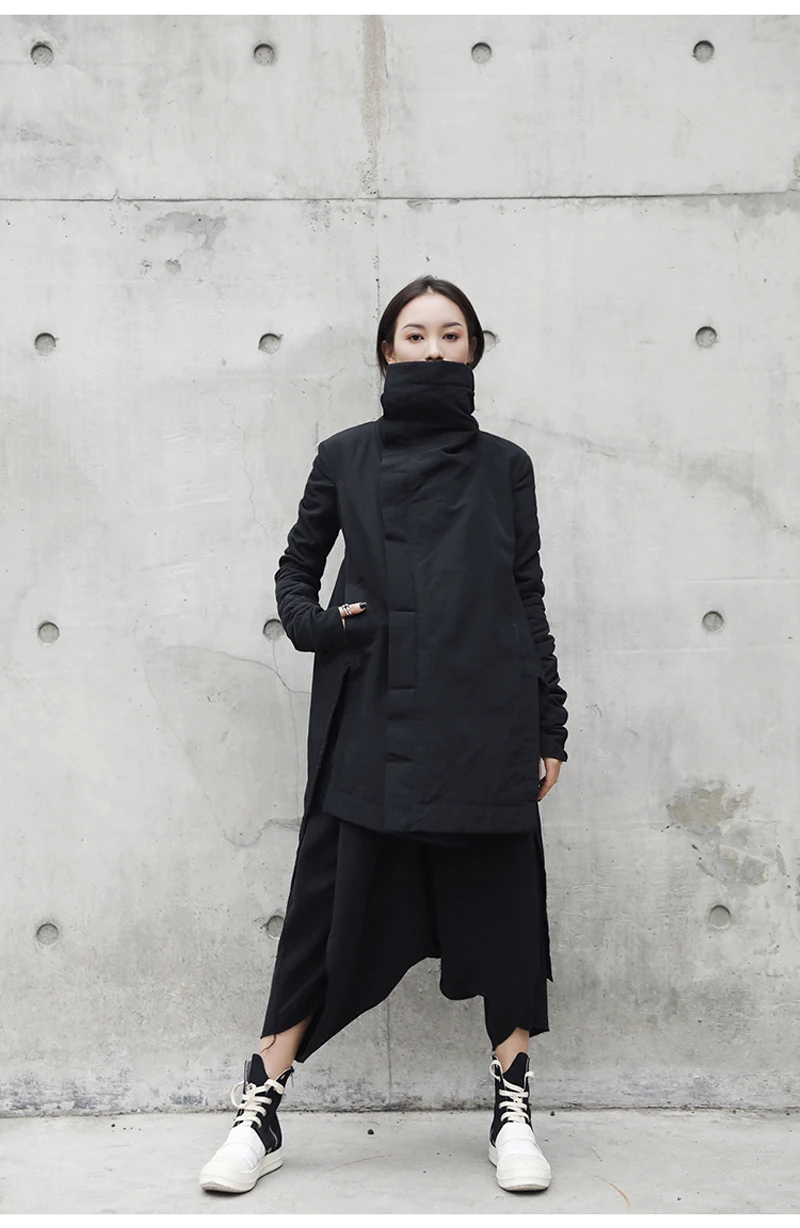 Женская Осенняя зимняя куртка, пальто со стоячим воротником, необычная длинная хлопковая парка, женская черная зимняя теплая куртка, Женское пальто