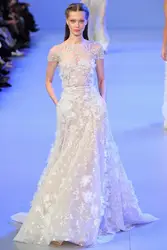 Elie_Saab Знаменитости Платья Бато коротким рукавом длина Пола Ватто поезд Кружева Ручной работы Цветок Бисером Вечернее Платье Карманы