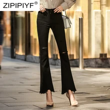 Джинсы для женщин с высокой талией облегающие Облегающие расклешенные длинные женские брюки Элегантные повседневные качественные рваные черные расклешенные джинсы K402