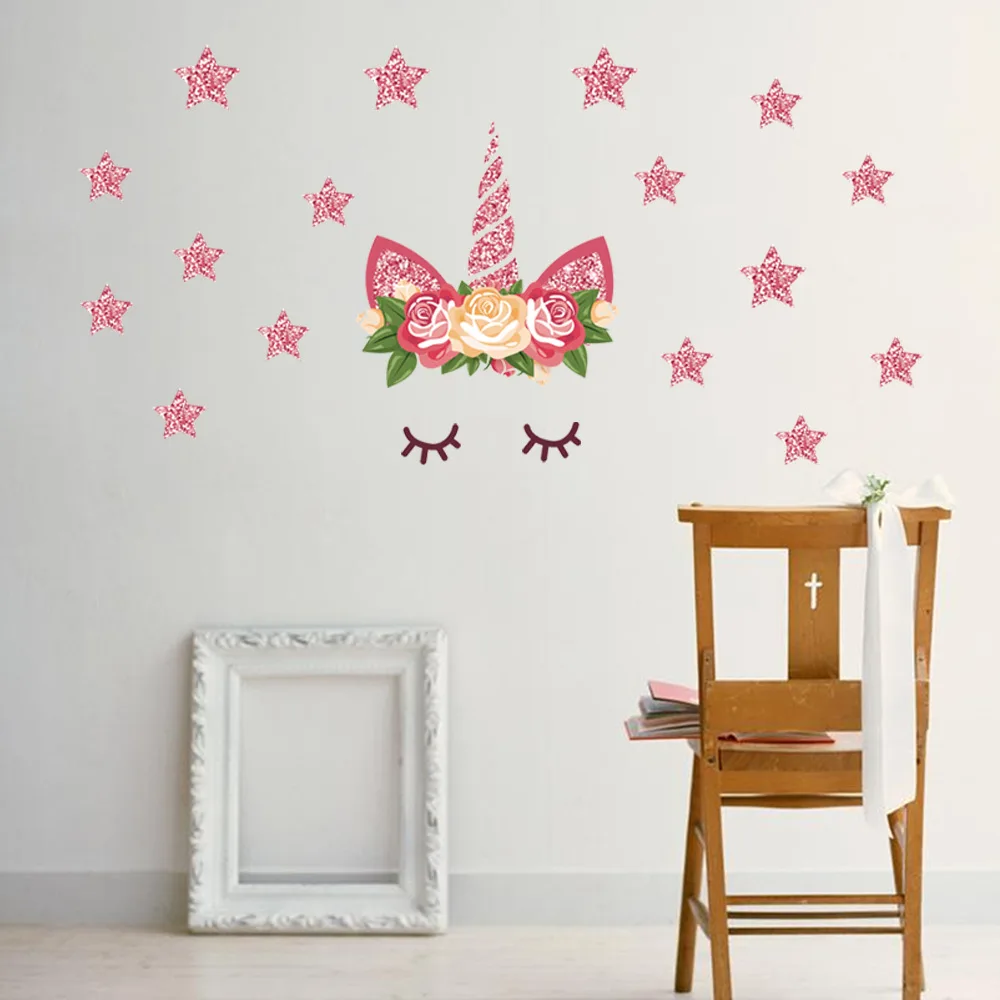 

Cartoon Cute Unicorns Pink Stars Wall Stickers Wallpaper DIY Vinyl Home Wall Decals Kids Living Room Bedroom Girls Room Decor