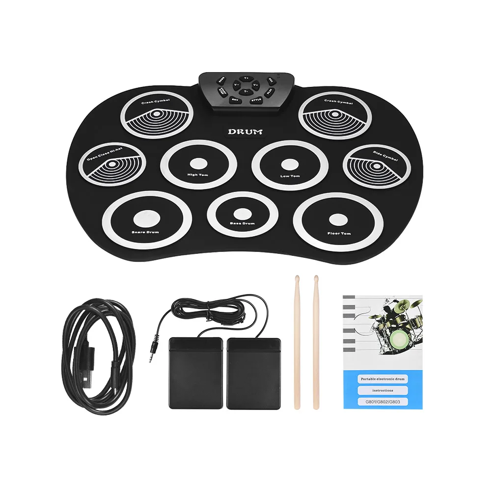 

Roll Up Drum Kit 9 Pads Electronic Drum Set USB Powered with Foot Pedals Drumsticks USB Cable for Students Kids