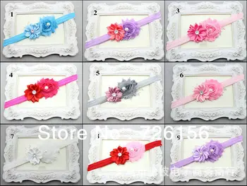 

50pcs/lot Mini Satin Ribbon Flower With Pearl Wide Headband And Chiffon Shabby Flowers