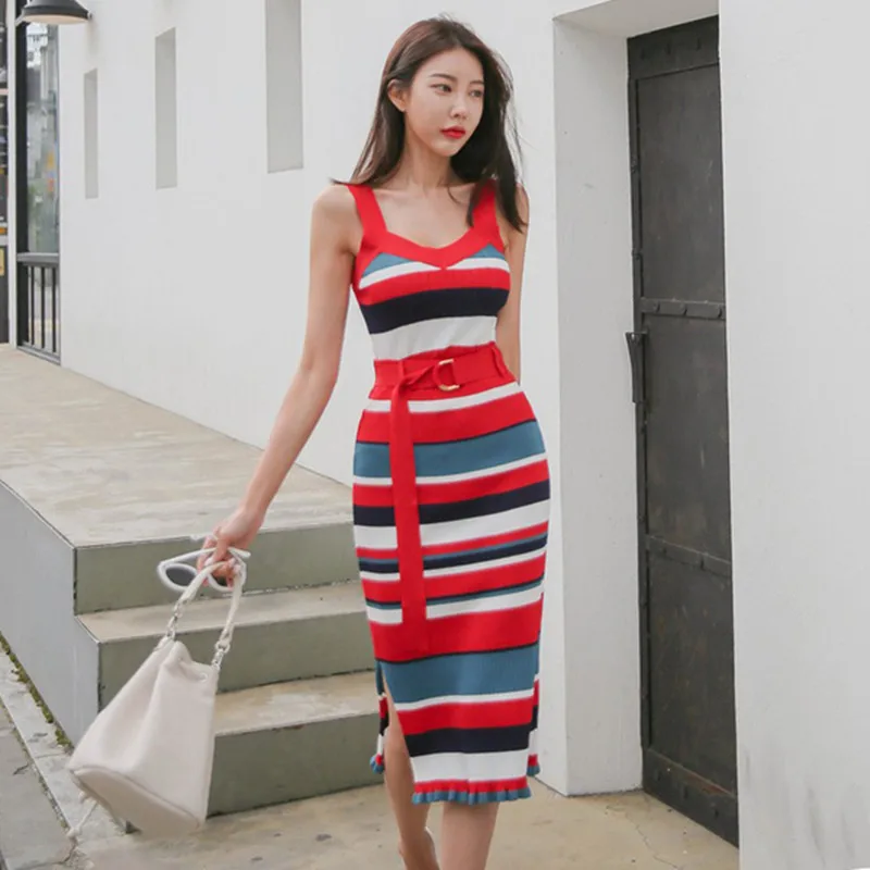 

Summer Women Striped Knit 2 piece set Hit Color Sleeveless Knitted Tops and Bodycon Split Mid-calf Pencil Skirt Sets With Sashes