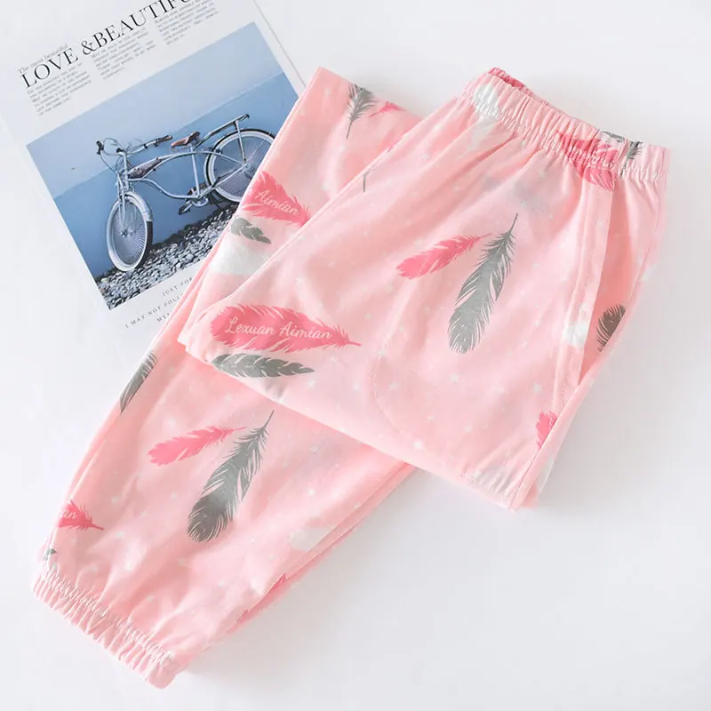 Трикотажные хлопковые брюки для сна женские удобные свободные пижамы брюки для пижамы женские свежие милые домашние брюки повседневные штаны