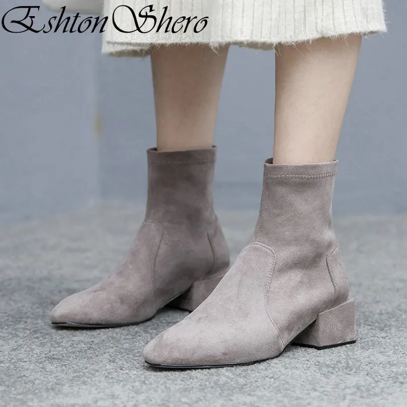 

EshtonShero Women Ankle Boots Shoes Woman Med Heel Flock Pointed Toe Black Gray Autumn Ladies Motorcycle Sock Boot Size 34-40