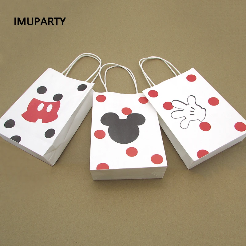 

Pack of 6 Mickey Gift bags Red Black Dot Kids Birthday Party Supplies Favors Packaging Bag Gift Box Paper White