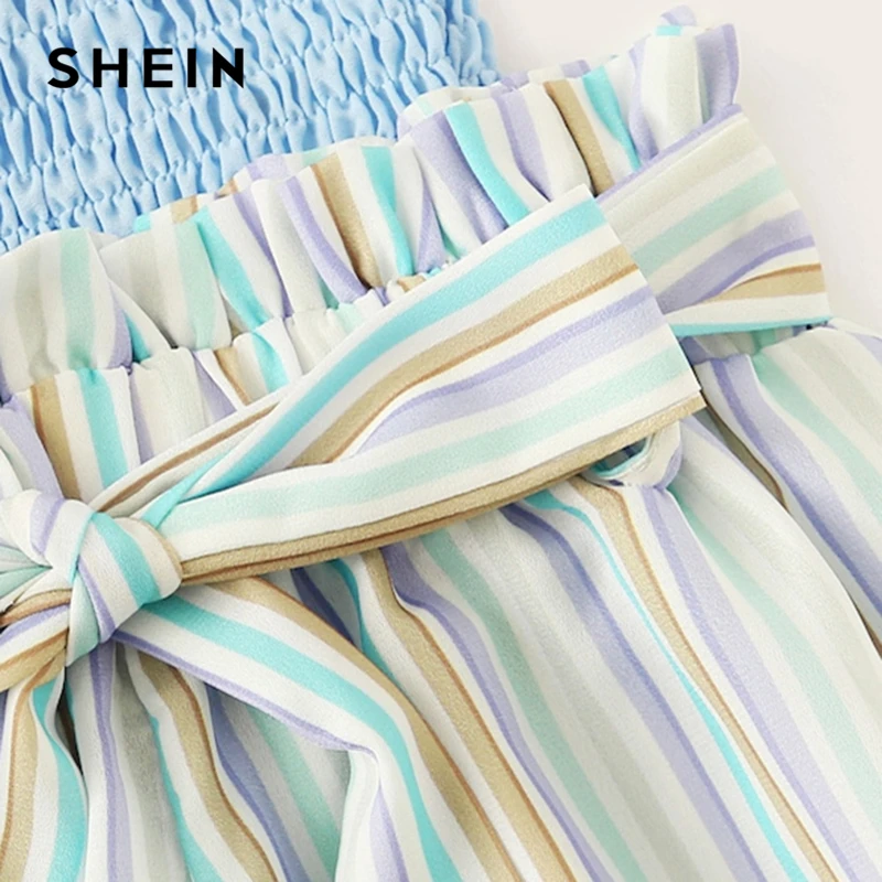 SHEIN Kiddie/футболка с оборками на плечах и шорты в полоску с поясом, комплекты года, летний праздничный пляжный костюм в стиле бохо