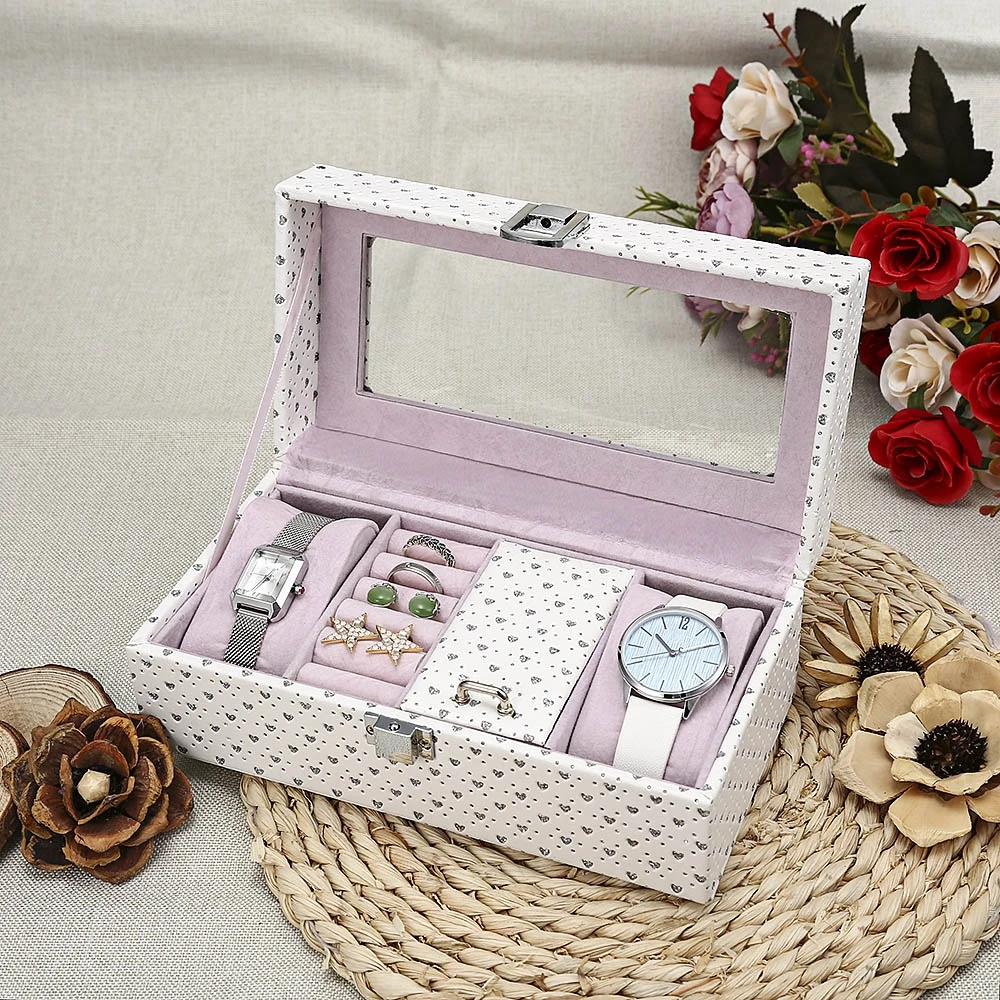 

High Quality Watch Box Jewel Windowed Organizer Storage Bracelets Rings Earrings Holder Shining Heart Pink Organizer Watches Box