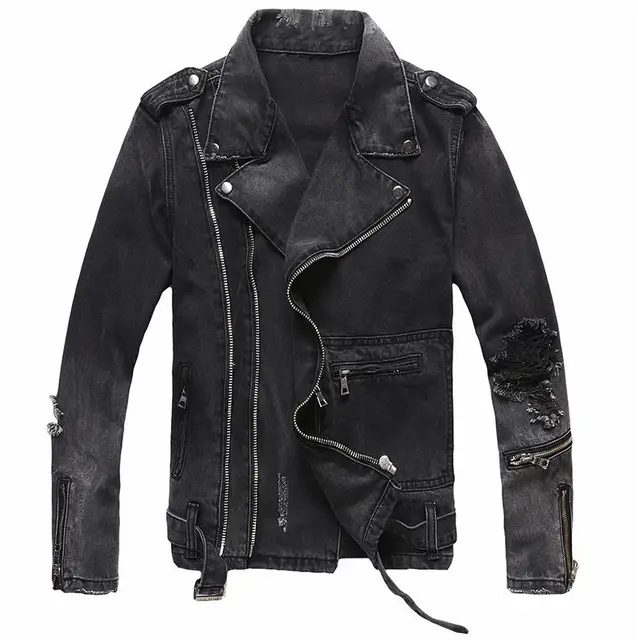Men's Motorcycle Biker Denim Jacket Ripped Distressed Zipper Retro Slim