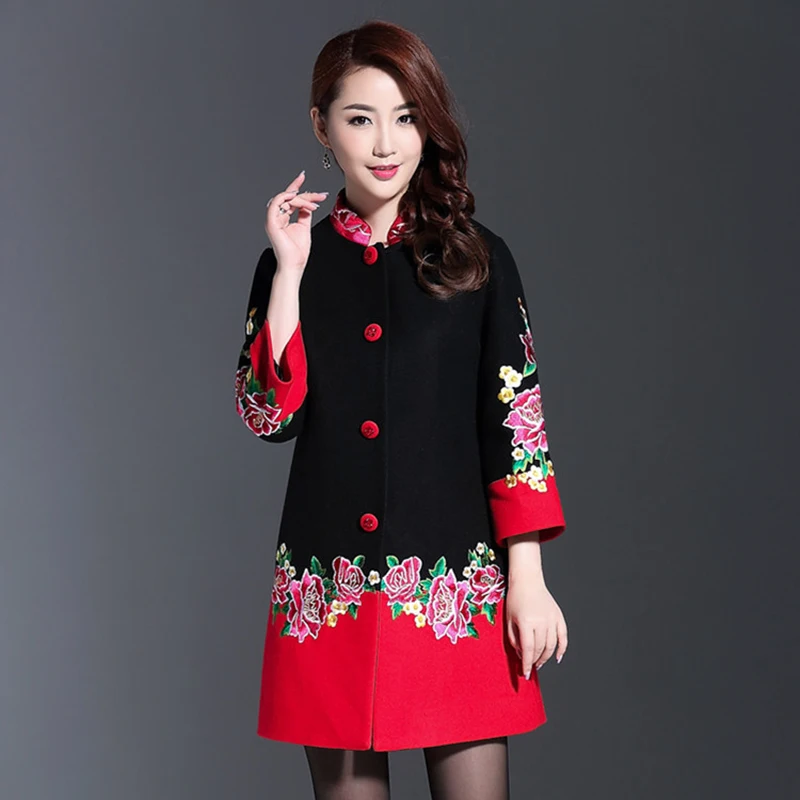 Plus Size 4XL Cashmere Flower Embroidery Women Winter Long Coats 2018 Black Red Patchwork Single Breasted Eleagnt Overcoat Plus Size 4XL Cashmere Flower Embroidery Women Winter Long Coats 2018 Black Red Patchwork Single Breasted Eleagnt Overcoat