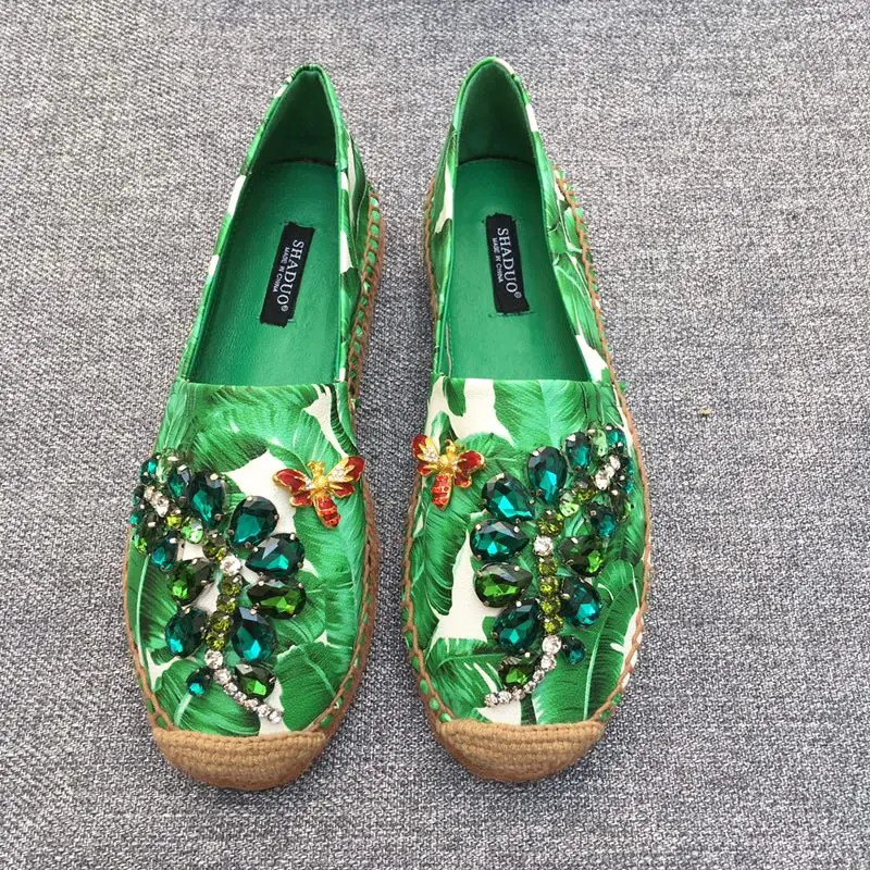 shaduo fashion women top quality casual flats shoes, women green leaves print with rhinestone flats shoes women flats shoes