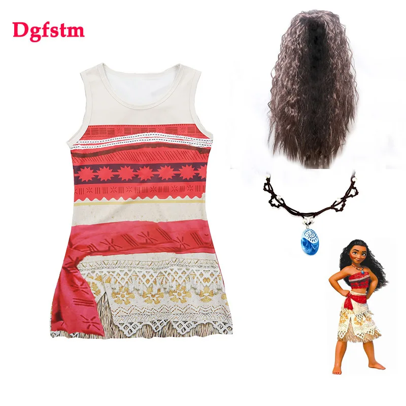 

2018 Beach Summer Moana Dress Girls Adventure Outfit Moana Costumes Dresses Kids Party Princess Cosplay Children Fantasy wig