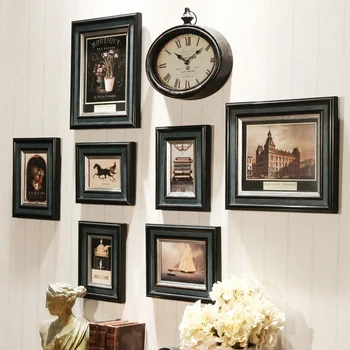 

Dark Color Wall Hanging Photo Frame Set With Clock Classic Luxury Picture Frame Combination 8pcs Sofa Bed Wall Picture Frames