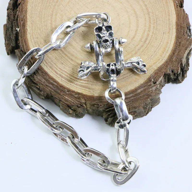 

Japan And South Korea S925 Sterling Silver Skull Bracelet Male And Female Retro Thai Silver Punk Locomotive Style Jewelry