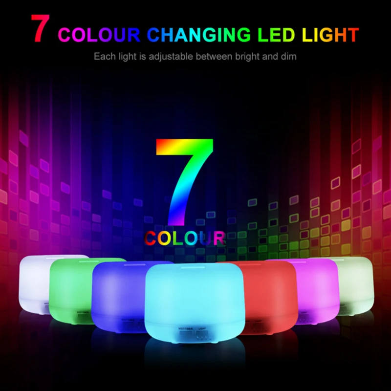 

500ML Aromatherapy Essential Oil Diffuser Ultrasonic Air Humidifier with 4 Timer Settings 7 LED Color Changing Lamps, 10 Hours