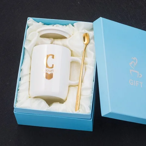 SPSCO 400 мл креативные золотые отпечатки пальцев белая керамическая кофейная кружка, кружка для чая с золотая ручка в подарок с крышкой и ложкой - Цвет: C-white