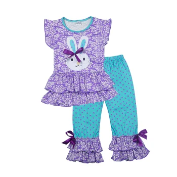 

Easter Day Girls Spring Clothes Lovely Bunny Pattern T-shirts Colorful Ruffle Polka Dot Pants Children Clothing Set2GK712-044