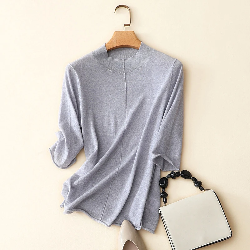 

Mock Neck 100% Wool Sweater Women Short Sleeve Spring Summer Tops