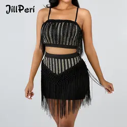 JillPeri Новый женский сексуальный черный кисточка 2 шт. комплект роскошный Кристалл Bling сценический клубный костюм повседневный наряд пэчворк
