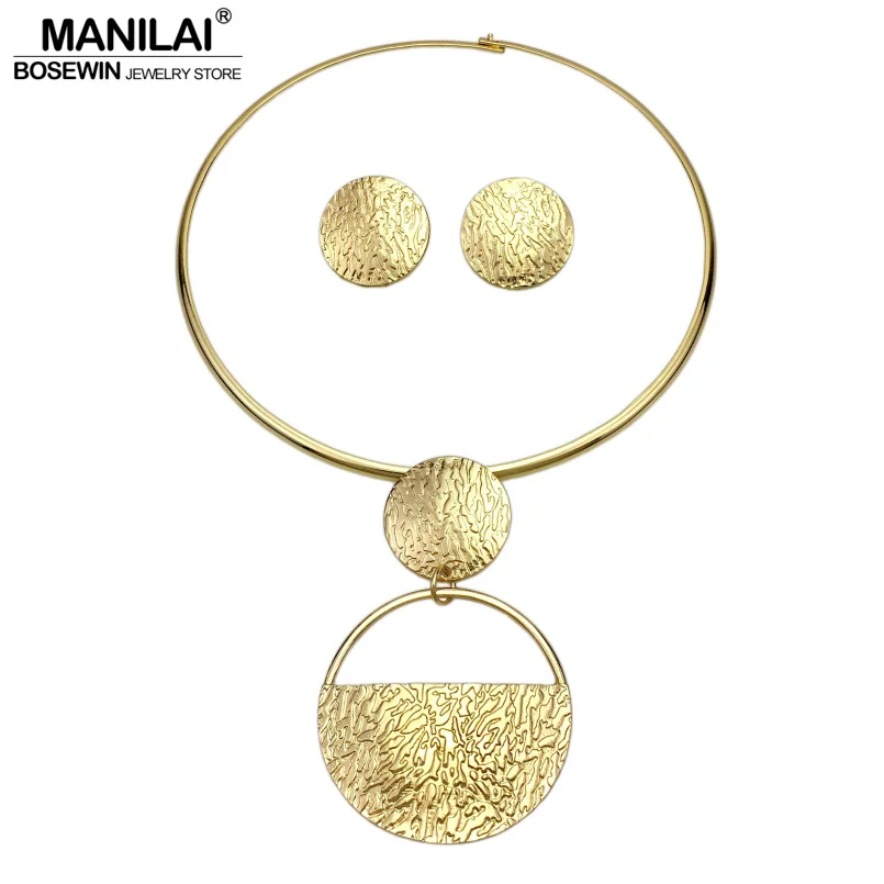 

MANILAI Punk Gold-Color Geometric Metal Fashion Jewelry Sets For Women Choker Necklaces Earrings Set Statement Collier bijoux