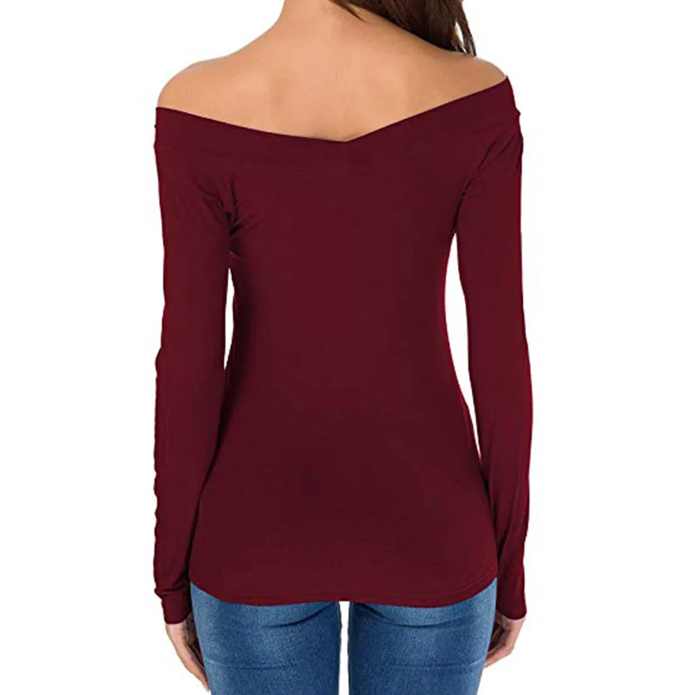  Fashion Sexy Velvet Off Shoulder Top Backless T Shirt V Neck T-Shirts Women Casual Long Sleeve Tshi