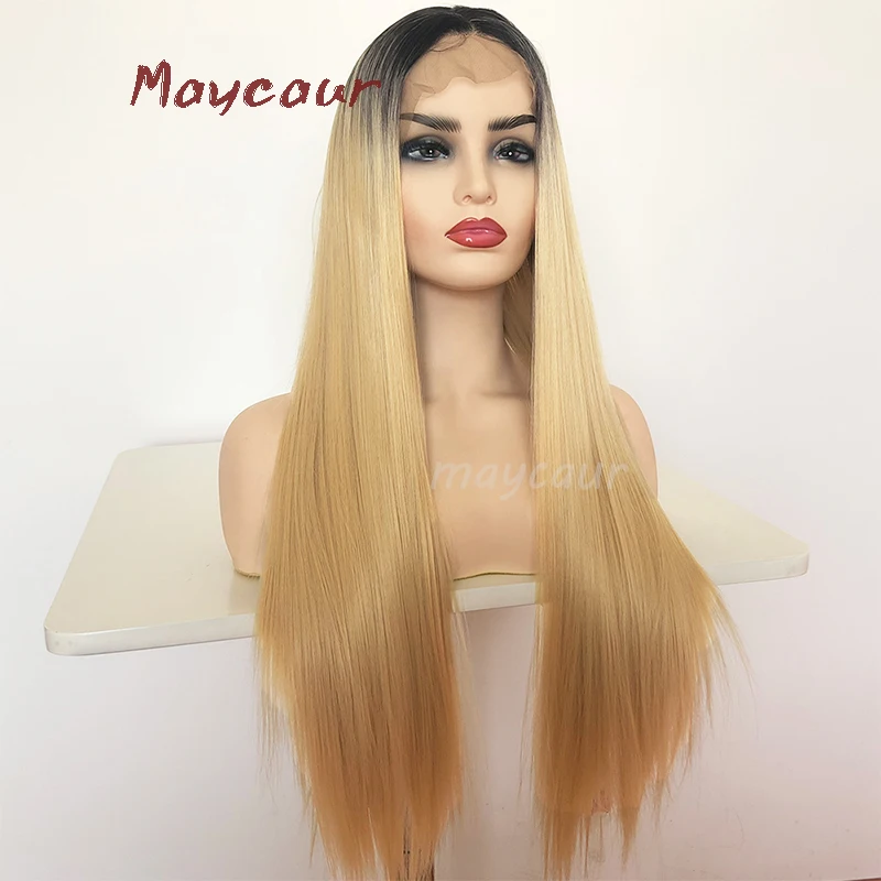 

1bt613 Color Long Straight Synthetic Lace Front Wig Heat Resistant Ombre Blonde Nautal Hair Wigs For Women 180 Density