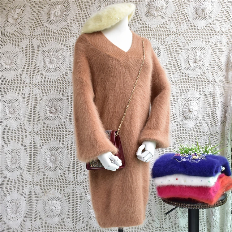 

Ladies women fashion casual long V-neck plush angora rabbit fur knitted lantern sleeves bottoming pullover sweater dress winter