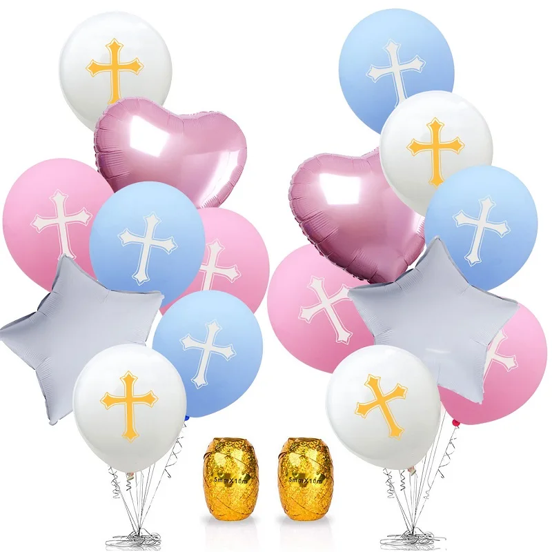 

Easter God Bless Cross Latex Balloons Heart Star Aluminum Balloon Baptism Forked Holy Communion Party Christening Decoration