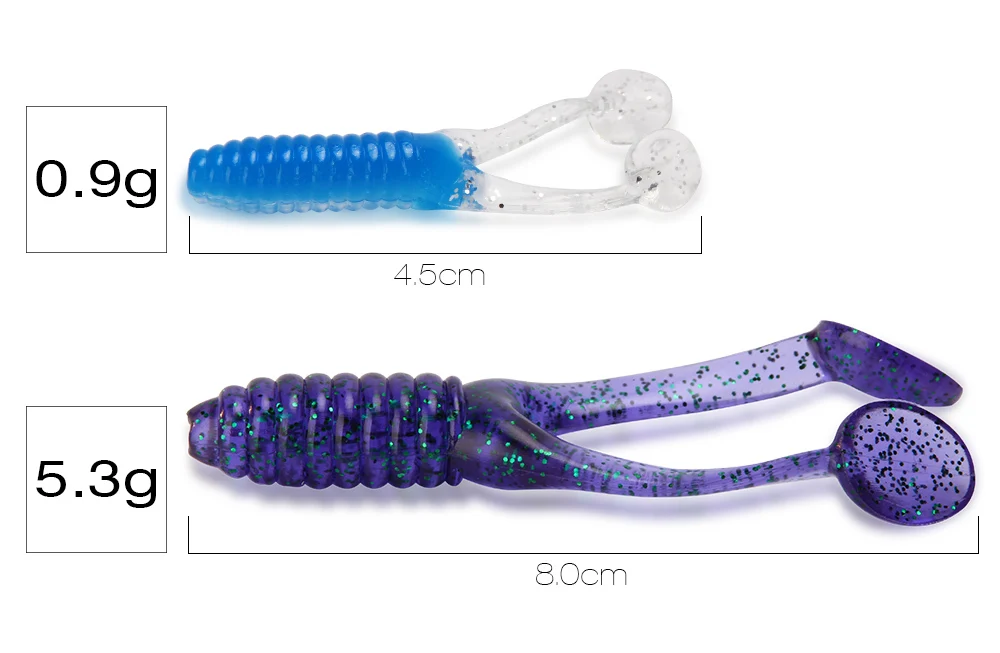 New 10 Pcs 45mm 0.9g,80mm 5.3g Silicone Double Tails Worms Fishing Lures Soft Bait Sea River Lake Carp, Pike, Bass Fishing  (2)
