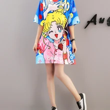 Новинка, Харадзюку, Мультяшные женские футболки, платья с коротким рукавом, большие размеры, женские платья, футболки в стиле хип-хоп, одежда Dnace