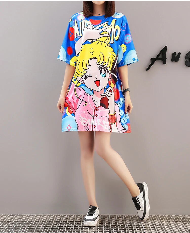 

2019 New Harajuku Cartoon Women T Shirts Dresses Short Sleeve Oversize Women Dresses Tee Shirts Hip Hop Style Dnace Clothes
