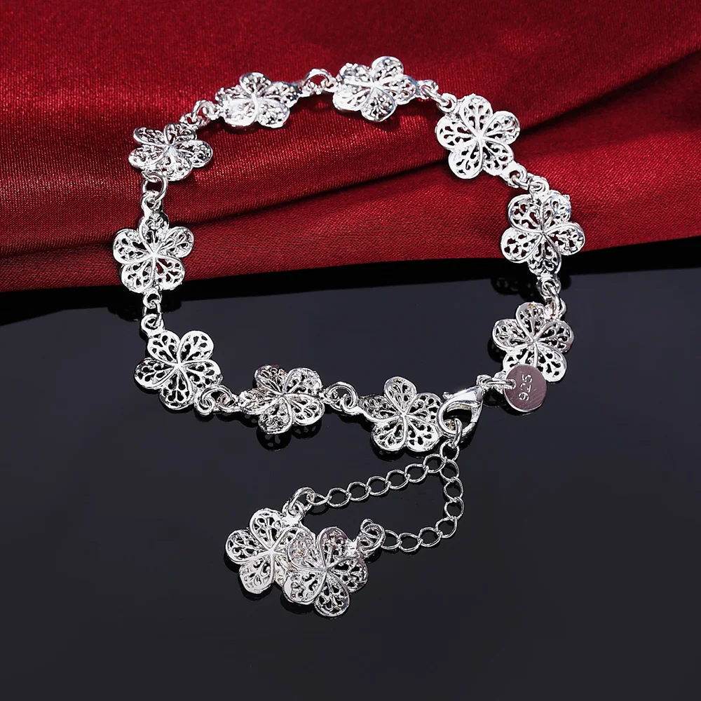 Серебряные изысканные очаровательные цветы для женщин, милый благородный браслет, модная Очаровательная цепочка, ювелирные изделия для свадебной вечеринки, с печатью, LH013