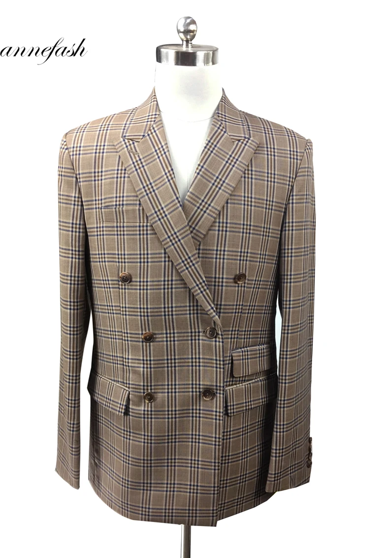 

2018 New style Tailor-made high quality worsted 150's wool brown windowpane check Suit Men double breast reverse collar suit