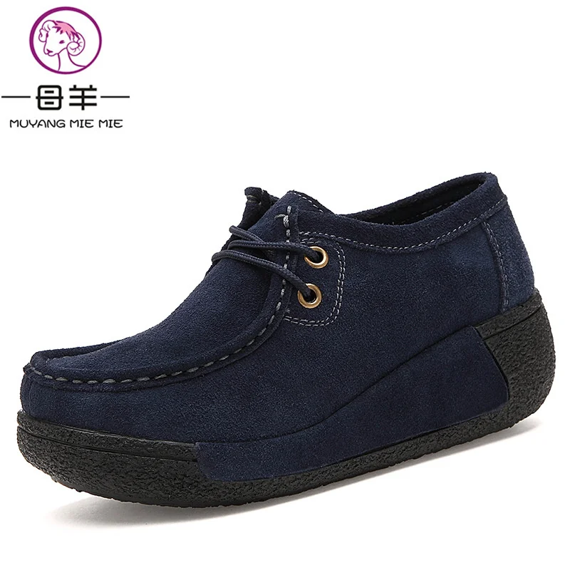 MUYANG Chinese Brand Fashion High Heels Women Genuine Leather Single Wedge Platform Shoes Woman Swing Casual Wedges Women Pumps