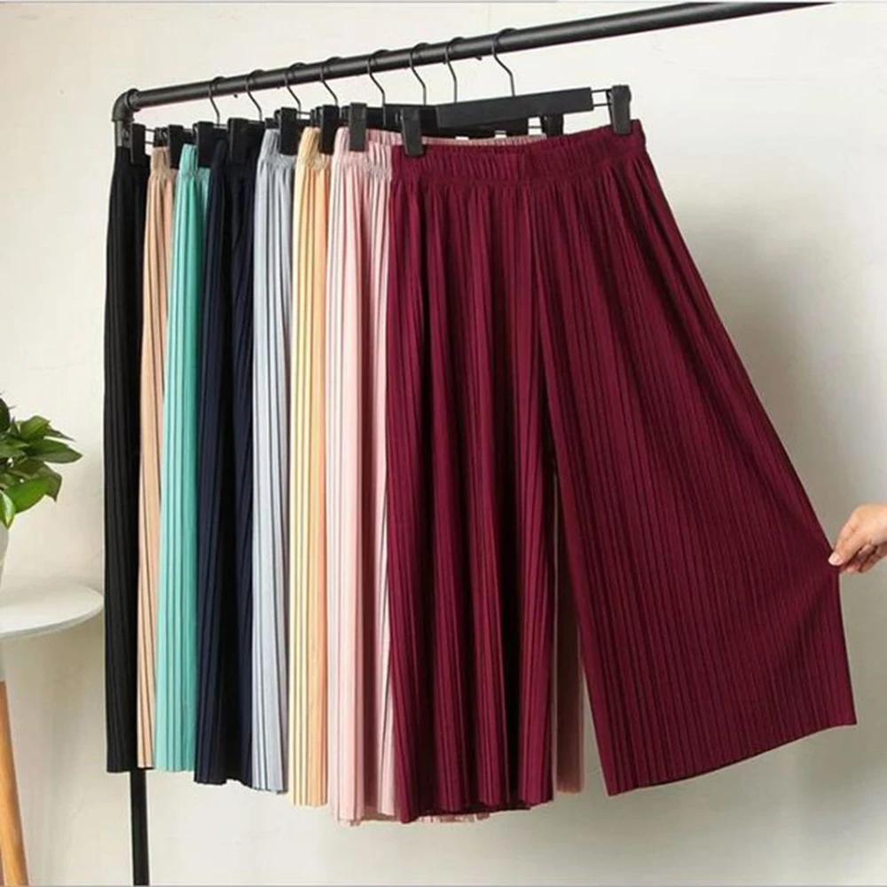 Female Fold Pleated Pants Summer Spring Black Casual Loose Elastic Waist High Pleated Wide Leg Women Chiffon Loose Pants summer chiffon vest t shirt jacquard pleated shoulder strap shirt women big hair ball fold shoulder strap t shirts tops female