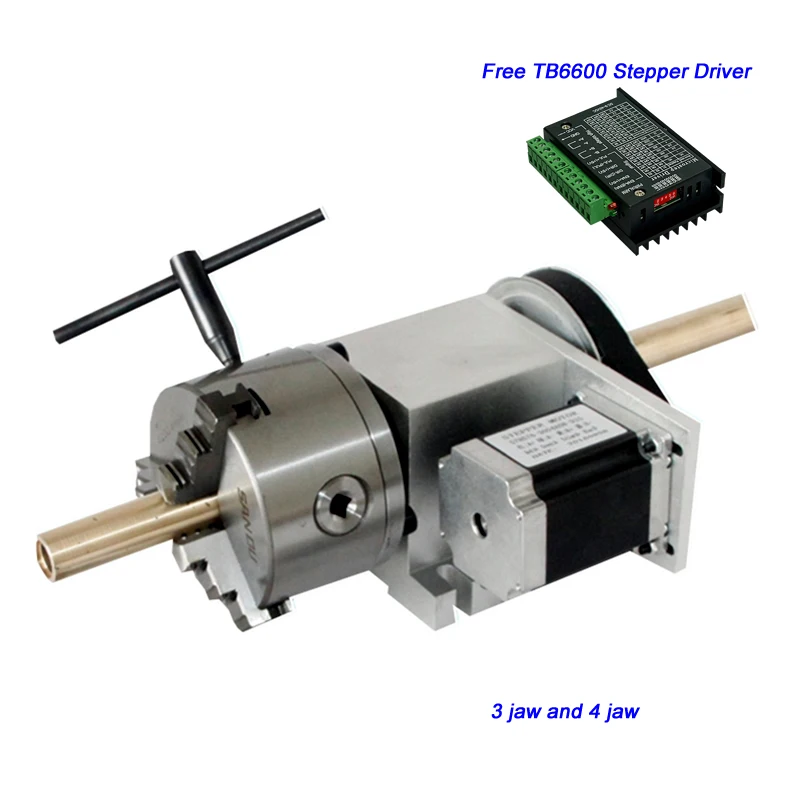 

4 Jaw / 3 Jaw 100mm Chuck Hollow Shaft CNC 4th Axis Center height 65MM for CNC Router Engraving Machine