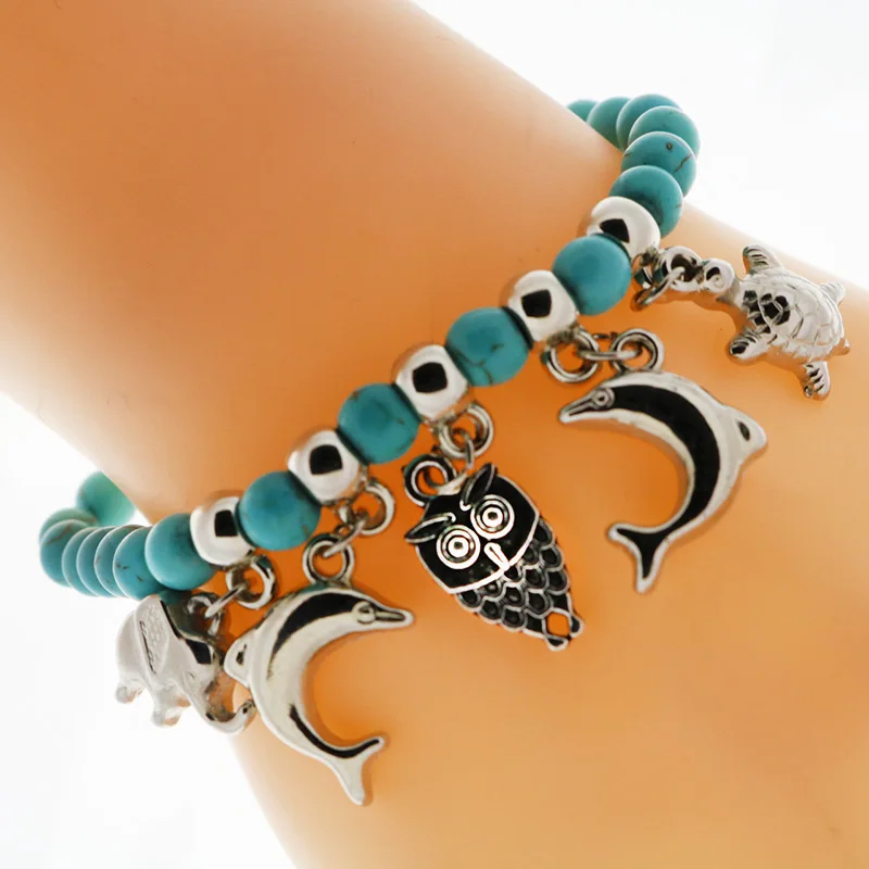 Boho винтажные браслеты с бирюзой для женщин и мужчин слон Дельфин черепаха Сова