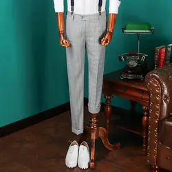 Новое поступление британский джентльмен облегающие брюки серый большой плед Пант Мужской тонкие ноги длинные костюмы штаны для Для мужчин