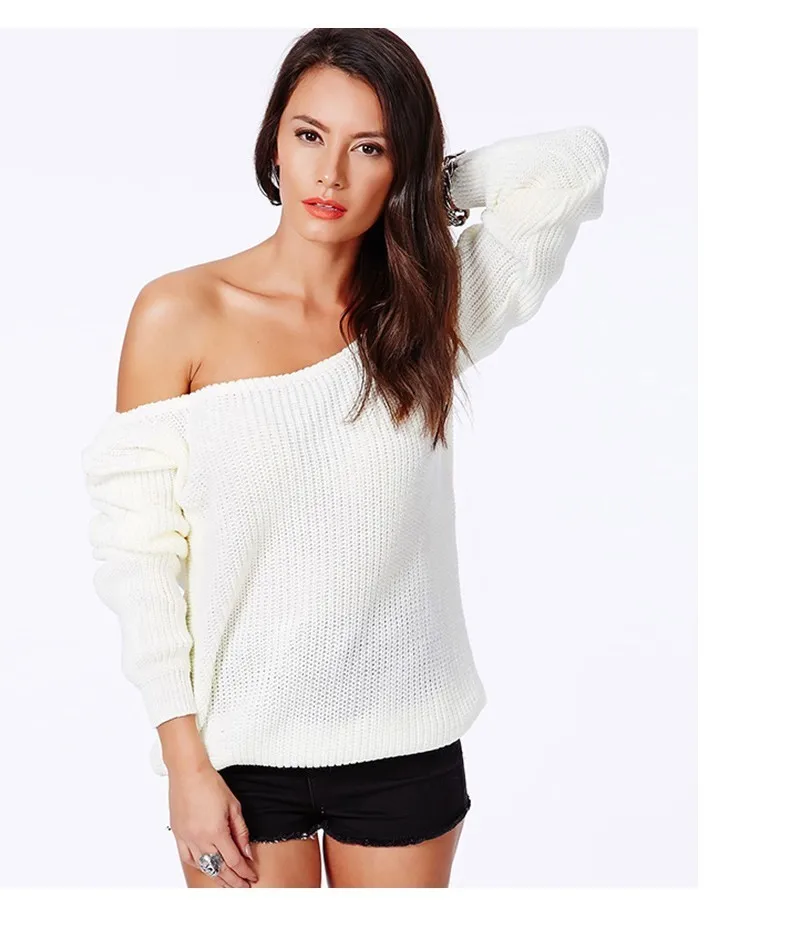 Модный брендовый пуловер с длинным рукавом, однотонный вязаный женский Повседневный джемпер с открытыми плечами, дизайнерские свитера
